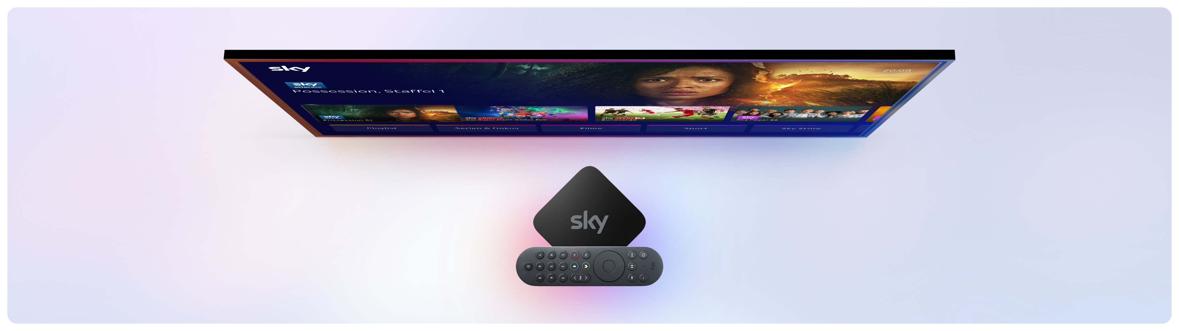 Sky Stream Box auf einer menschlichen Hand, darüber mehrere Kacheln mit verschiedenen Inhalten von Sky.