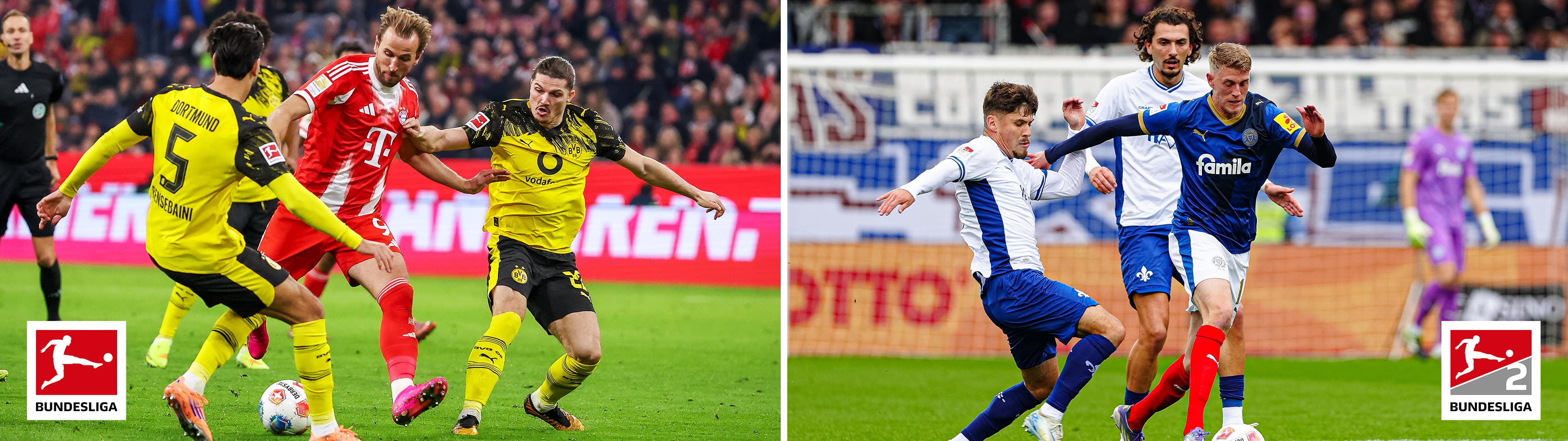 Lins eine Szene aus einem Bundesliga-Spiel zwischen Dortmind und Bayern. Rechts eine Szene aus einem Spiel der 2. Bundesliga.