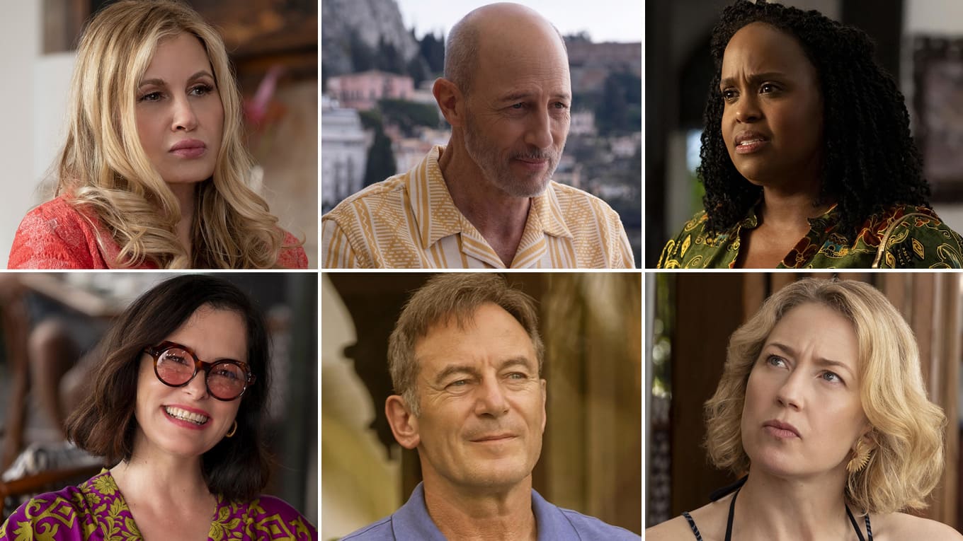 Foto-Collage mit Schauspieler:innen aus Staffel 2 und Staffel 3 der Serie The White Lotus