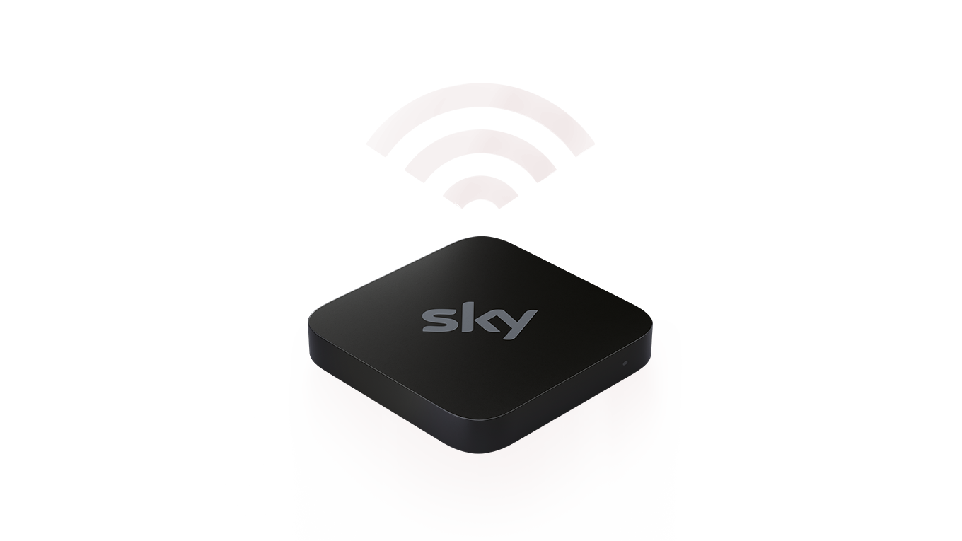 Front-Ansicht der Sky Stream Box, darüber das WLAN-Symbol in weiß