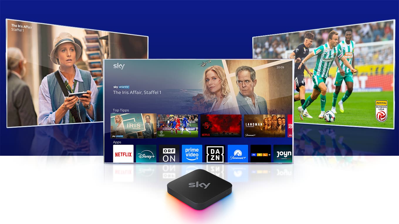 Sky Stream Box vor einem Fernseher, der das Sky Stream UI zeigt, versetzt dahinter Fernseher, Tablet und Handy, die Inhalte von Sky zeigen.