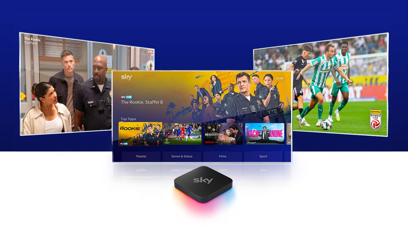 Sky Stream Box vor einem Fernseher, der das Sky Stream UI zeigt, versetzt dahinter Fernseher, Tablet und Handy, die Inhalte von Sky zeigen.