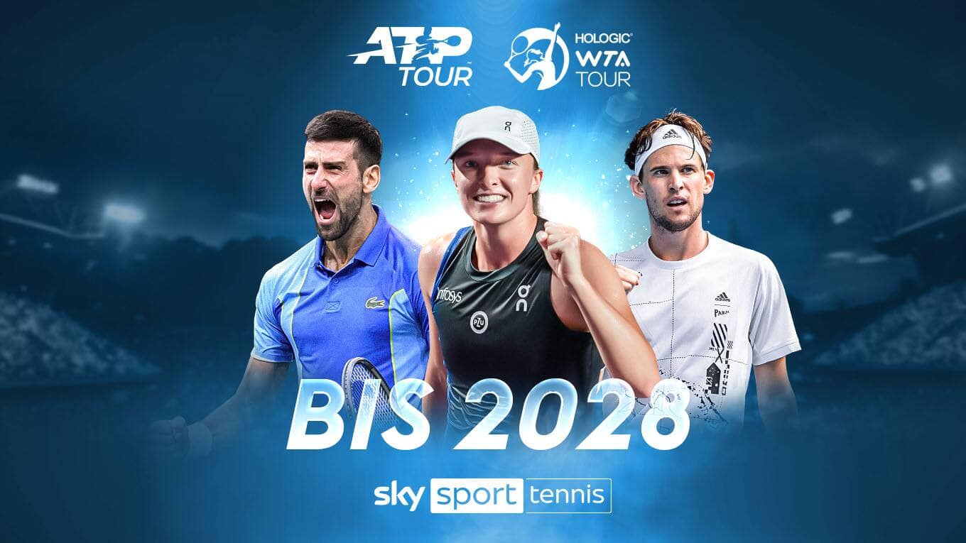 Schriftzug "ATP und WTA bis 2028" und Abbildung von drei Tennis-Spielern