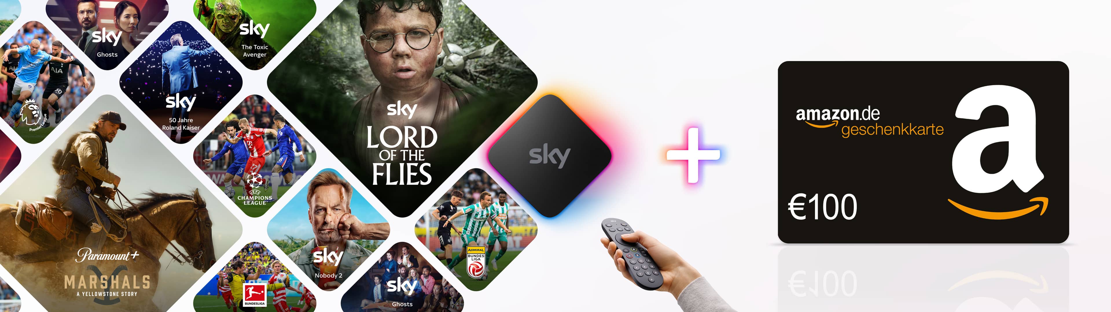 Werbegrafik für ein Sky-Angebot: Links sind mehrere rautenförmige Kacheln mit Serien- und Sportinhalten zu sehen, darunter „Lord of the Flies“, Fußball-Szenen aus der Champions League und Bundesliga sowie „Nobody 2“ und „Marshals“. In der Mitte schwebt ein beleuchtetes Sky-Logo neben einem Pluszeichen. Rechts befindet sich eine 100-Euro-Amazon-Geschenkkarte. Unten hält eine Hand eine Fernbedienung in Richtung der Inhalte.