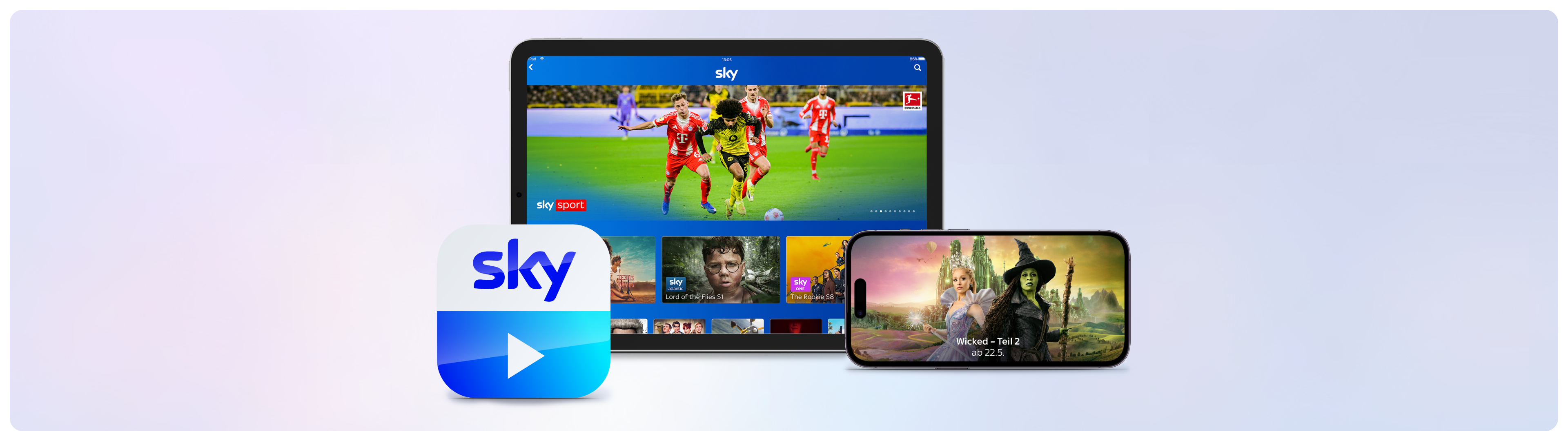 Sky Go Logo und auf die Inhalte von Sky auf verschiedenen Geräten. Auf einem Tablet ist die Serie "Euphoria" abgebildet. Auf einem Laptop der Film "Wicked - Teil 2" und auf einem Smartphone ein Spiel der Fußball Bundesliga.