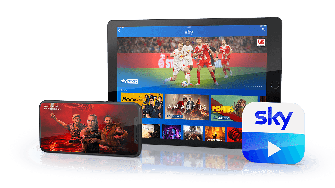 Ein Tablet mit der Sky Go UI, links davor ein Handy mit einem Sky-Inhalt und rechts davor das Sky-Go-Logo.