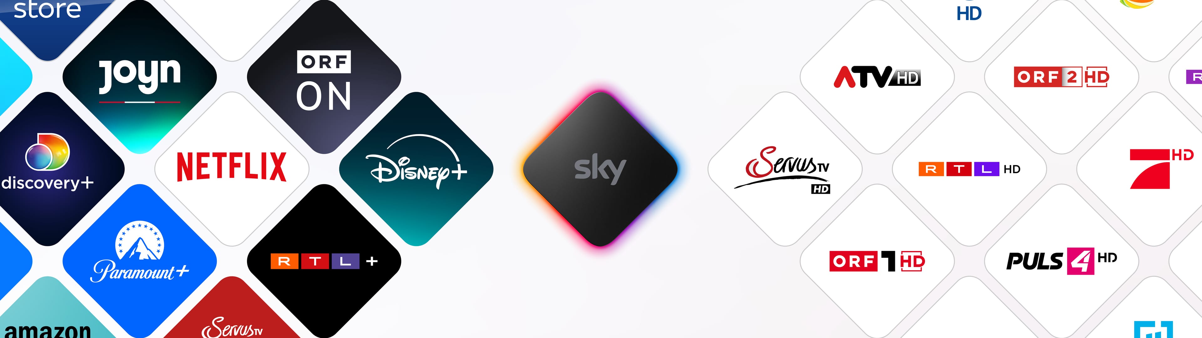 Streaming- und TV-Benutzeroberfläche im Kachel-Design mit Sky als zentral hervorgehobener Kachel mit farbig leuchtendem Rand. Links sind Streaming-Dienste wie Joyn, ORF ON, Netflix, Disney+, discovery+, Paramount+ und RTL+ angeordnet. Rechts befinden sich lineare TV-Sender, darunter ATV HD, ORF 2 HD, ServusTV HD, RTL HD, ORF 1 HD und PULS 4 HD. Heller Hintergrund mit diagonal gedrehten, abgerundeten Kacheln.
