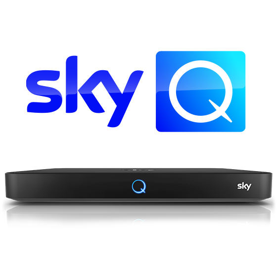 Frontansicht eines Sky Q Receivers unter dem Sky Q Logo in Blauverlauf.