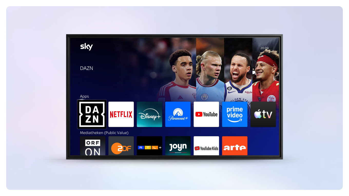 Ein Fernseher, auf dem das Sky Stream UI für Apps zu sehen ist.