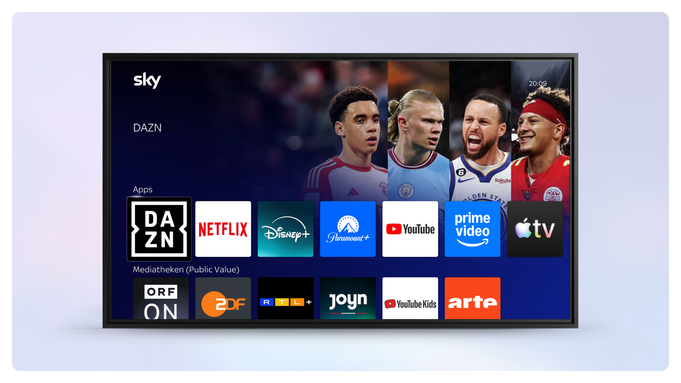 Ein Fernseher, auf dem das Sky Stream UI für Apps zu sehen ist.