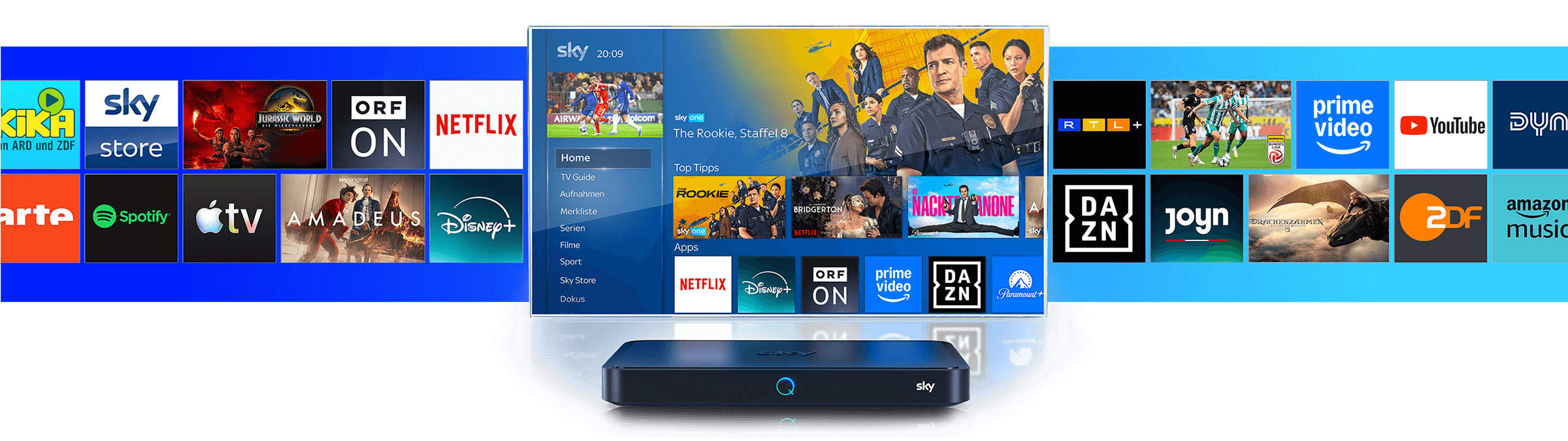 Grafik zeigt die Benutzeroberfläche von Sky Q mit einer TV-Box im Vordergrund. Auf dem Bildschirm sind verschiedene Streaming-Apps und Sender wie Netflix, Disney+, Prime Video, DAZN, YouTube, Joyn, Spotify, KiKA, Apple TV+ und Sky Store zu sehen. In der Mitte läuft die Sky-Startseite mit Menüpunkten wie „Home“, „Serien“, „Filme“ und „Sport“ sowie Empfehlungen für Inhalte. Im Hintergrund sind weitere App-Logos auf blauem Farbverlauf angeordnet.