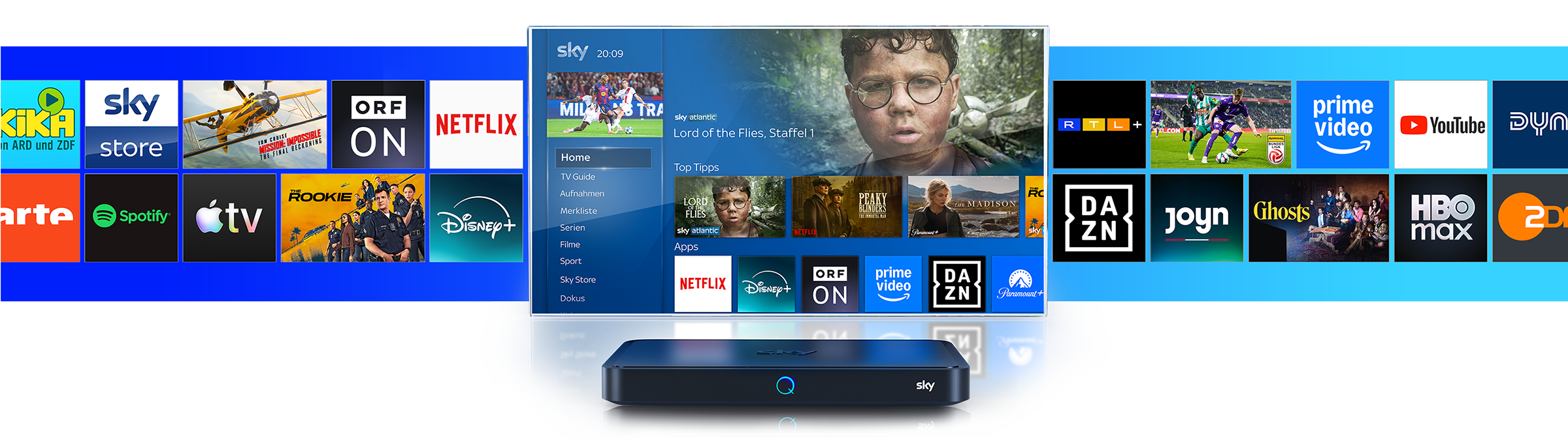 Grafik zeigt die Benutzeroberfläche von Sky Q mit einer TV-Box im Vordergrund. Auf dem Bildschirm sind verschiedene Streaming-Apps und Sender wie Netflix, Disney+, Prime Video, DAZN, YouTube, Joyn, Spotify, KiKA, Apple TV+ und Sky Store zu sehen. In der Mitte läuft die Sky-Startseite mit Menüpunkten wie „Home“, „Serien“, „Filme“ und „Sport“ sowie Empfehlungen für Inhalte. Im Hintergrund sind weitere App-Logos auf blauem Farbverlauf angeordnet.