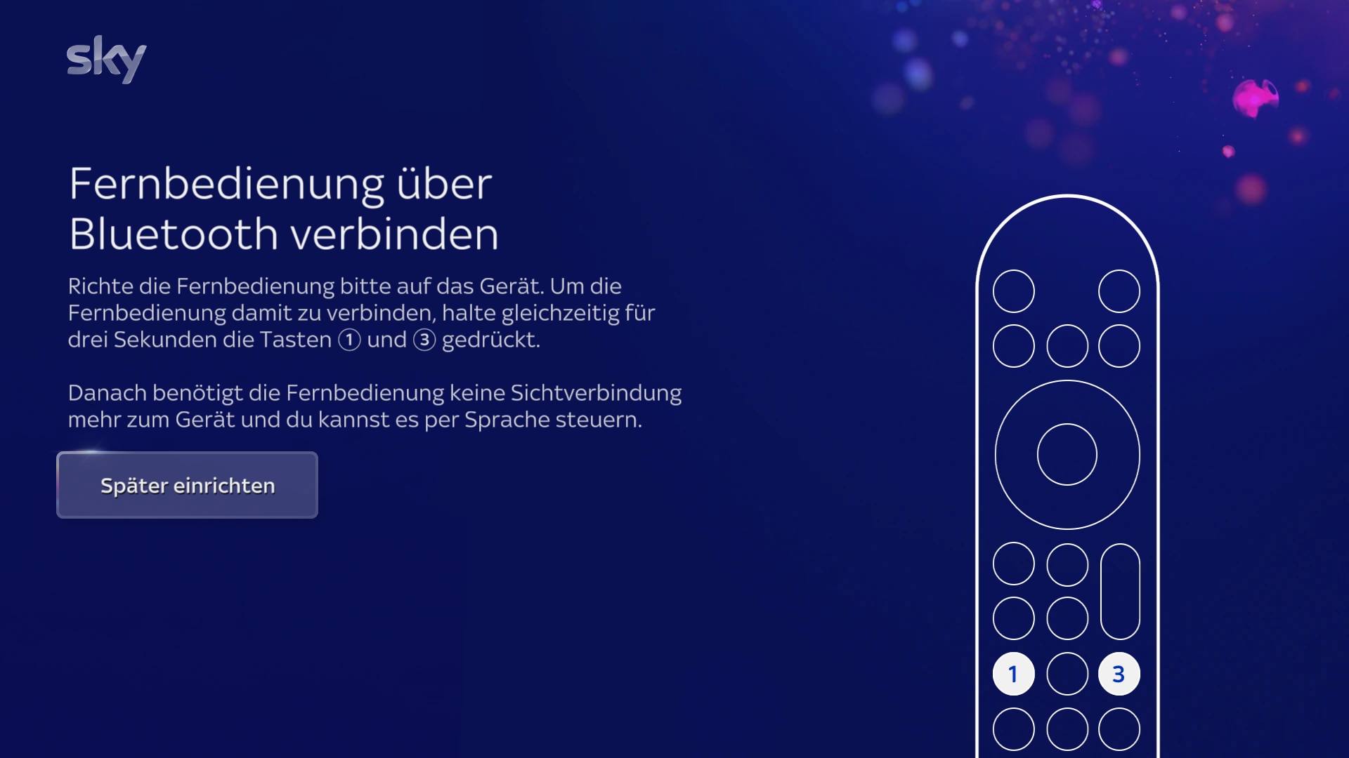 Einrichtungsbildschirm der Fernbedienung; drücken Sie die Tasten 1 und 3, um die Kopplung über Bluetooth durchzuführen.