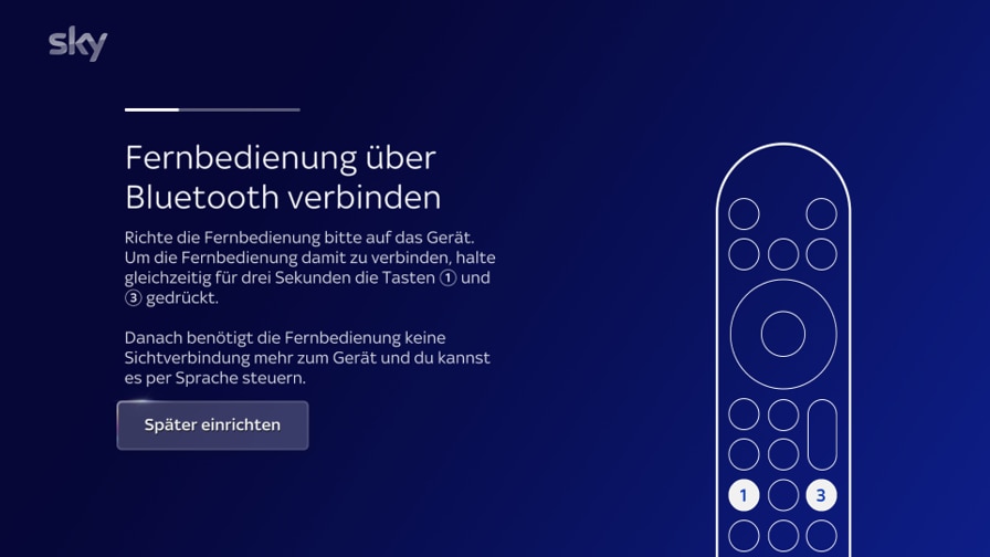Einrichtungsbildschirm der Fernbedienung; drücken Sie die Tasten 1 und 3, um die Kopplung über Bluetooth durchzuführen.