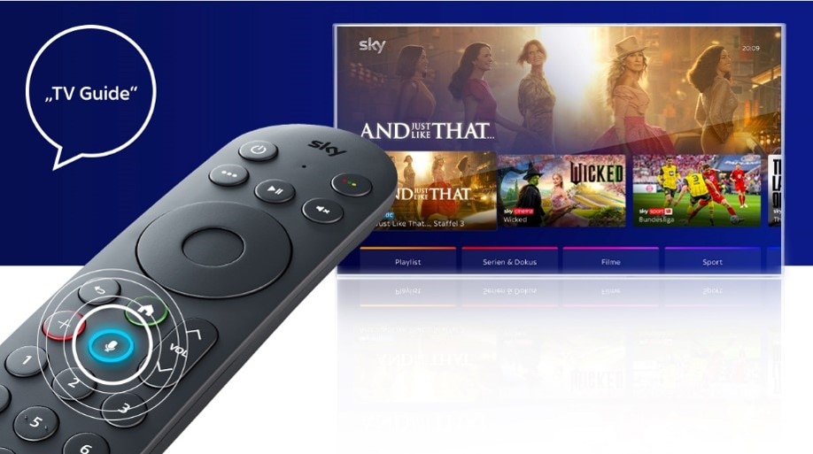 Sky Stream TV Guide und die Stream Fernbedienung zeigen den blauen Button für die Sprachfunktion
