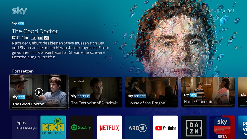 Der Startbildschirm von Sky Stream zeigt mehrere Inhalte an, aus denen der Benutzer einen auswählen kann.