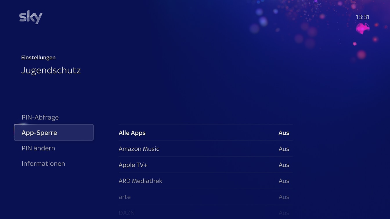 Bildschirm „Jugendschutz“ mit App-Liste zum Festlegen der PIN für die Jugendschutz unter „App-Sperre“