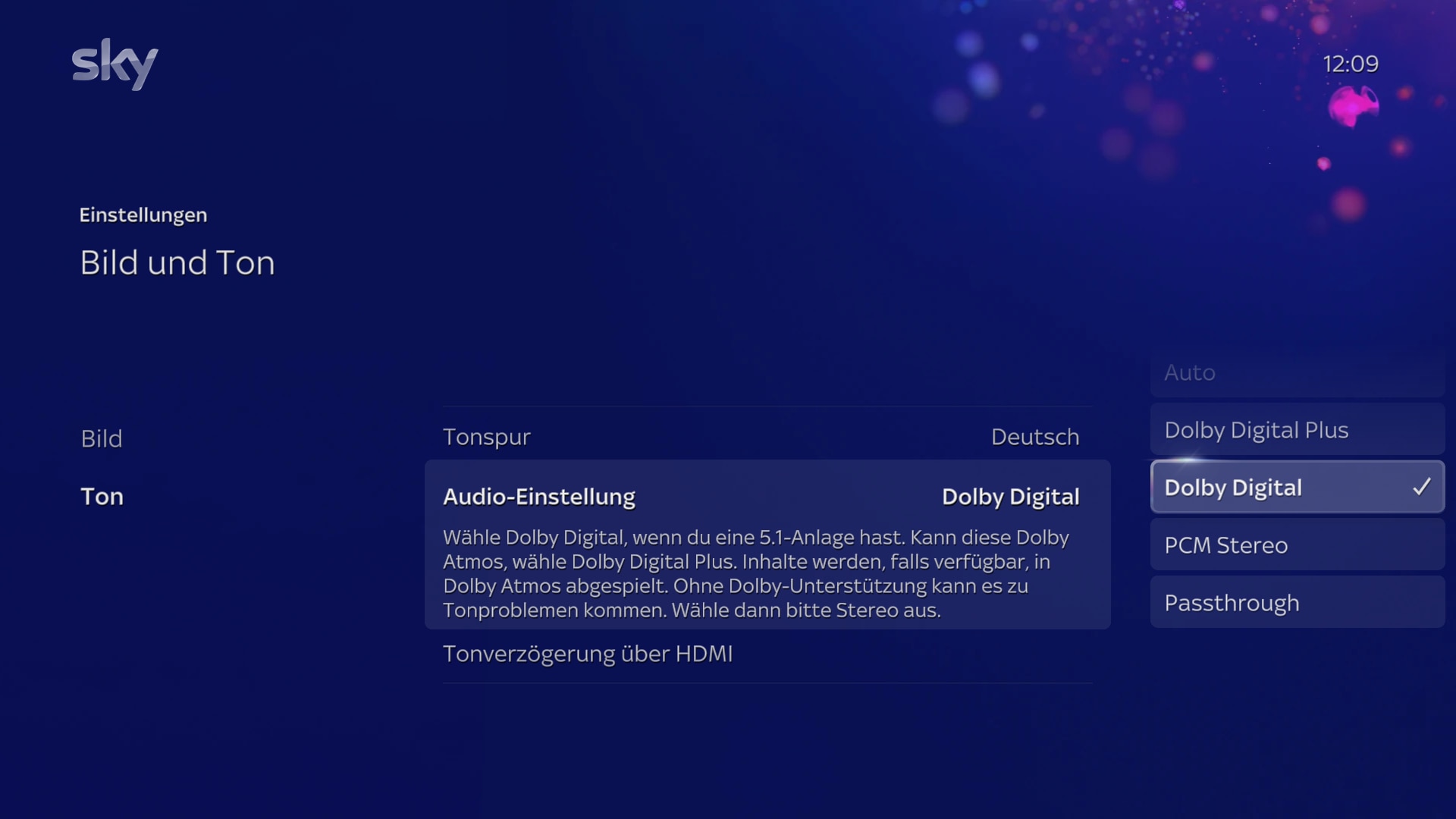 Bildschirm mit der Aufforderung, unter „Audioeinstellungen“ Dolby Digital oder Dolby Digital Plus auszuwählen