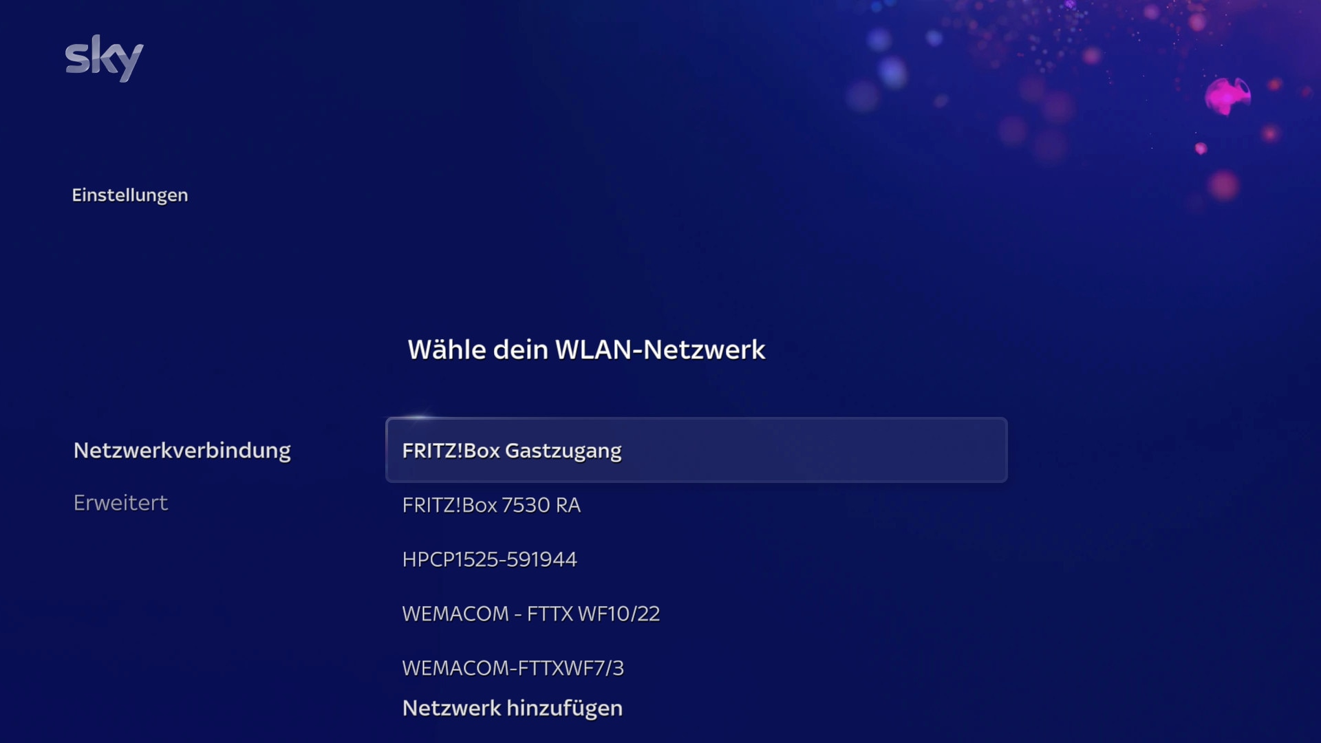 Bildschirm, auf dem der Benutzer aufgefordert wird, ein WLAN-Netzwerk aus der verfügbaren Liste auszuwählen