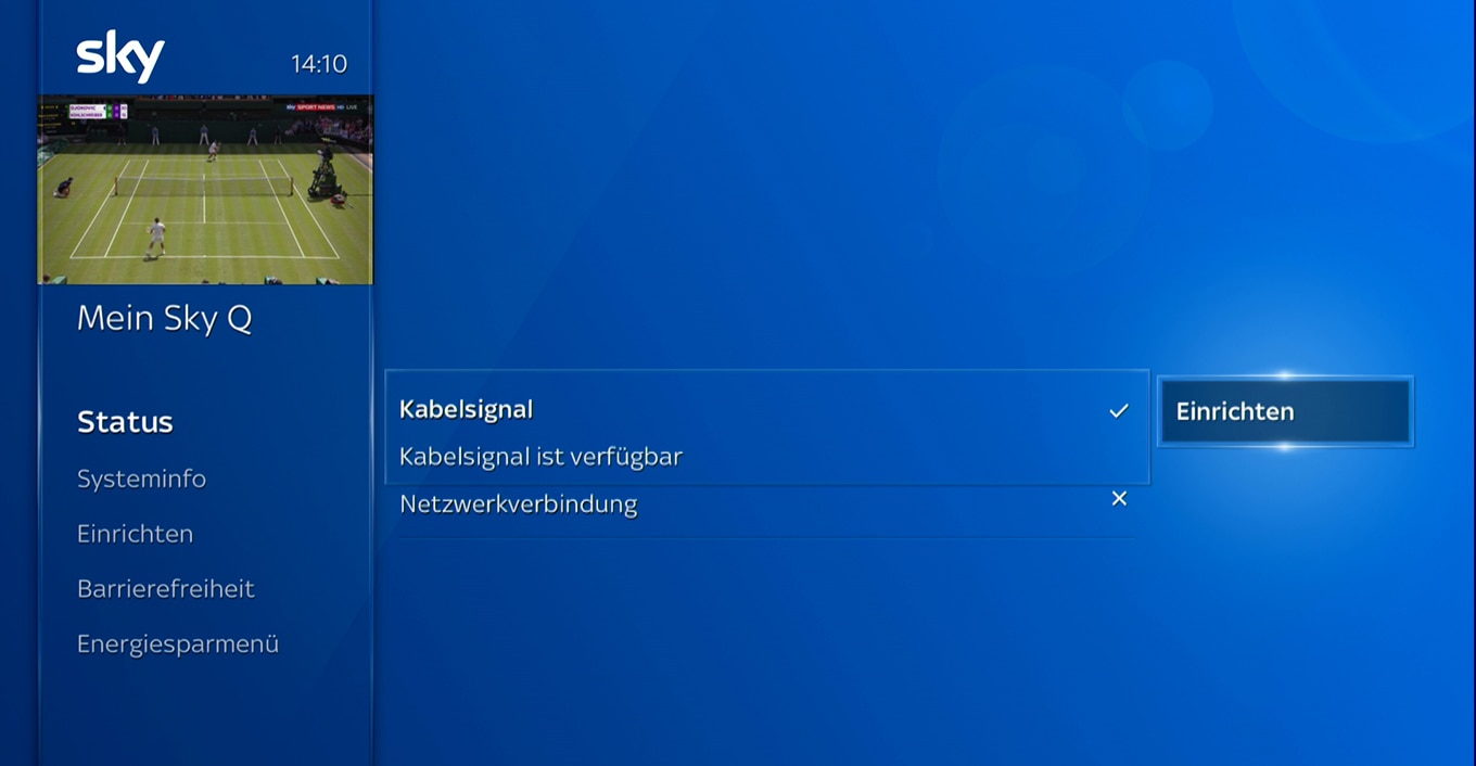 Startbildschirm des Sky Q Receivers; navigieren Sie zu Mein Sky Q>Einstellungen>Status>Kabelsignal>Einrichtung