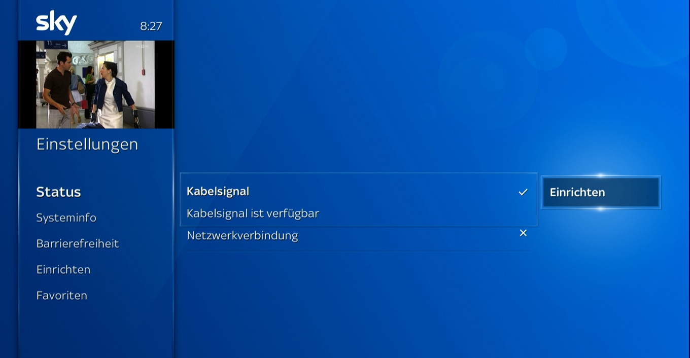 Startbildschirm; navigieren Sie zu Mein Sky Q > Einstellungen > Status > Kabelsignal und wählen Sie Einrichten.