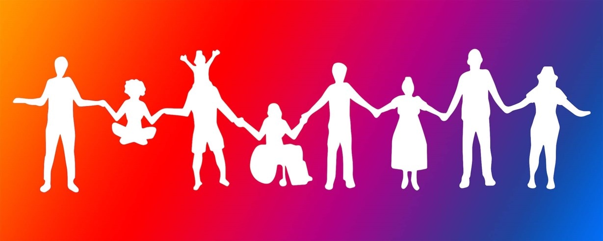 Kinder, Erwachsene, Menschen mit Behinderung halten Hände – Symbol für Barrierefreiheit bei Sky GO.