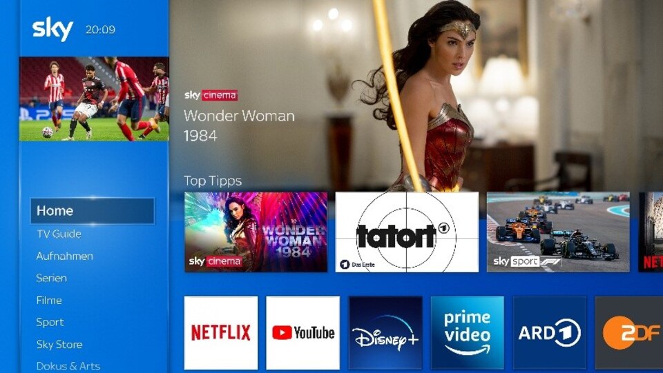 Der Sky-Startbildschirm enthält die Disney+ App sowie Netflix, YouTube und weitere Apps.