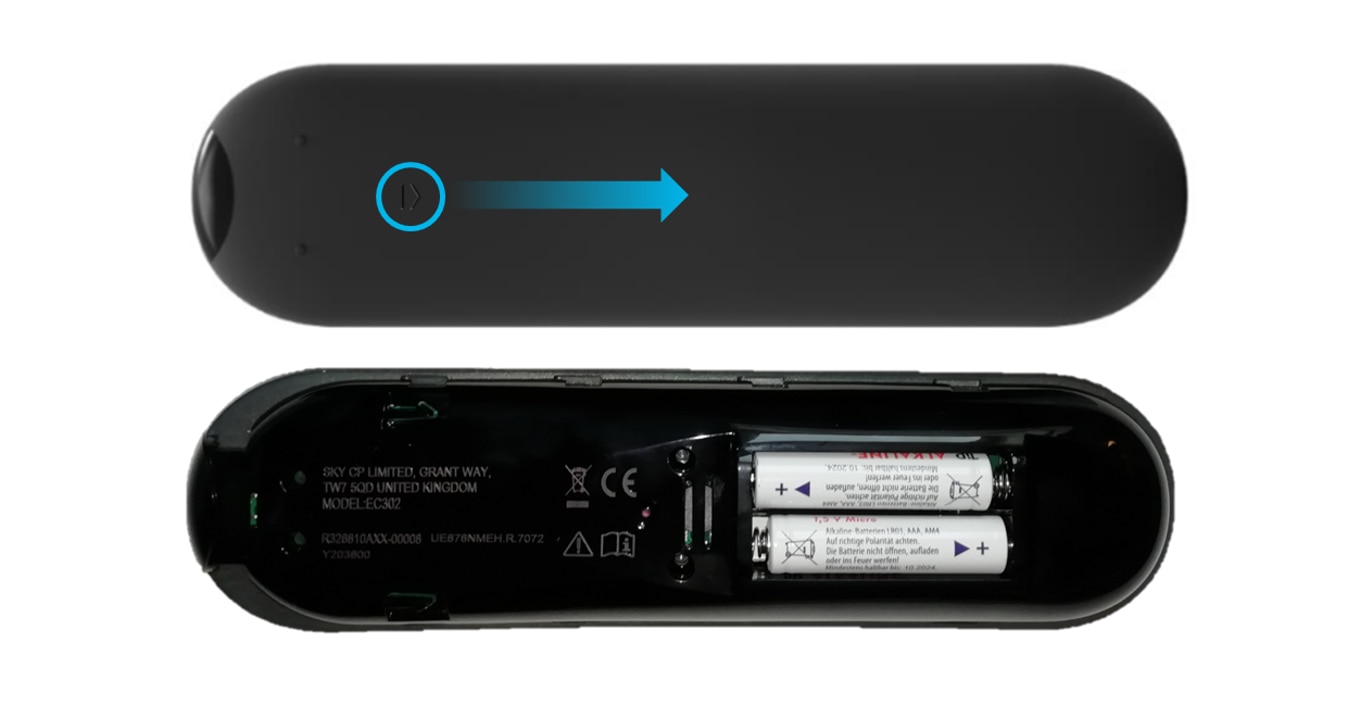 Batterien mit der richtigen Polarität und Richtung zum Öffnen des Batteriefachs der Fernbedienung.