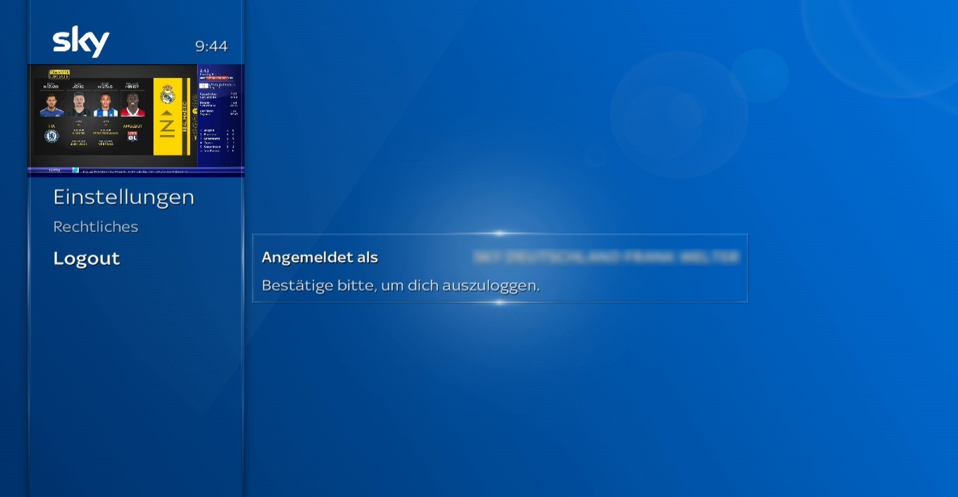 Sky Logout-Bildschirm mit Menüoptionen: Einstellungen, Rechtliches, Logout und Anmeldebestätigung.