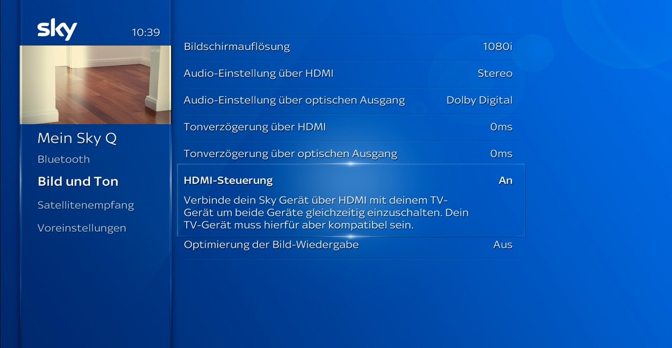 Navigieren Sie zu „Mein Sky Q“ > „Einstellungen“ > „Setup“ > „Bild und Ton“ > „HDMI-Steuerung“. Schalten Sie es an.