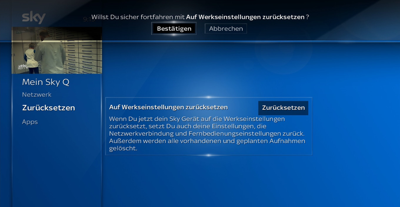 Sky Q-Bildschirm mit Optionen zur Bestätigung oder zum Abbrechen von 'Zurücksetzen auf Werkseinstellungen'.