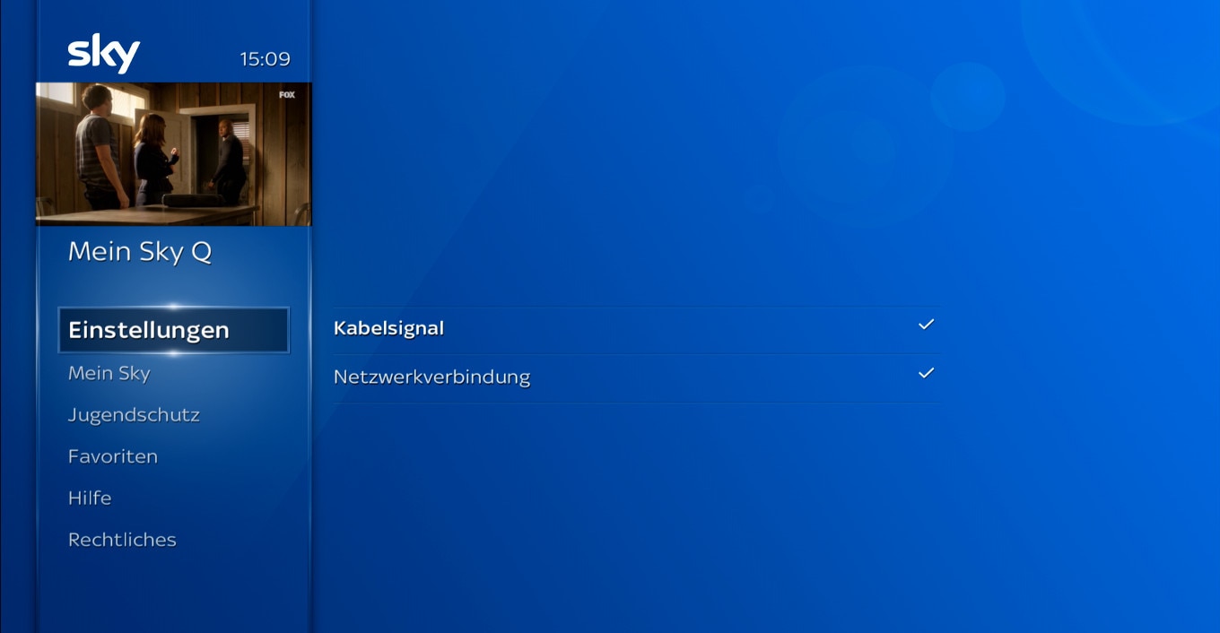 Sky Q Bildschirm mit geöffnetem Einstellungsmenü, Kabelsignal und Netzwerkverbindung sind aktiv.