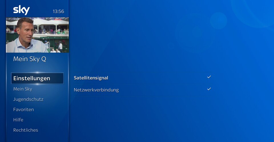 Sky Q Bildschirm mit ausgewähltem Einstellungsmenü, Satellitensignal und Netzwerkverbindung sind aktiv.