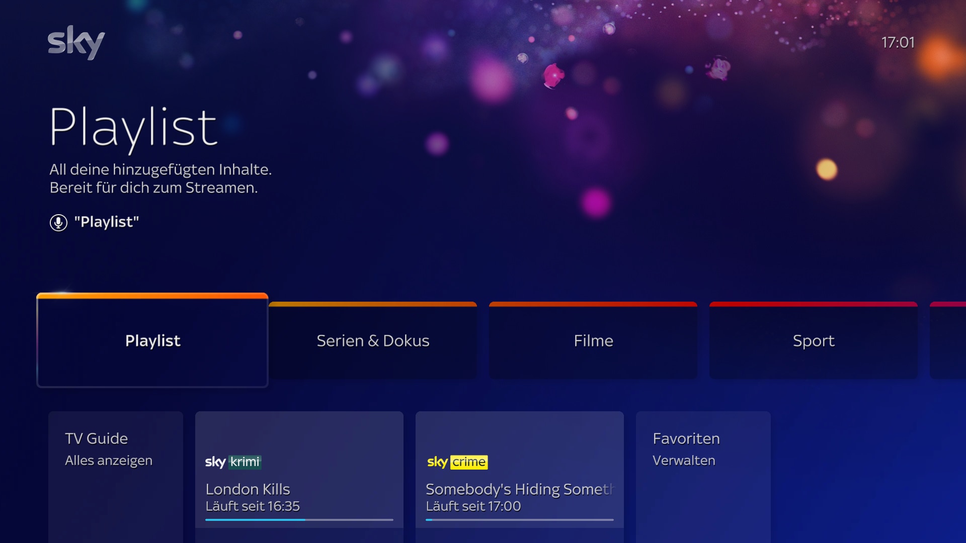 Startbildschirm mit verschiedenen Optionen und ausgewählter Option „Playlist“.