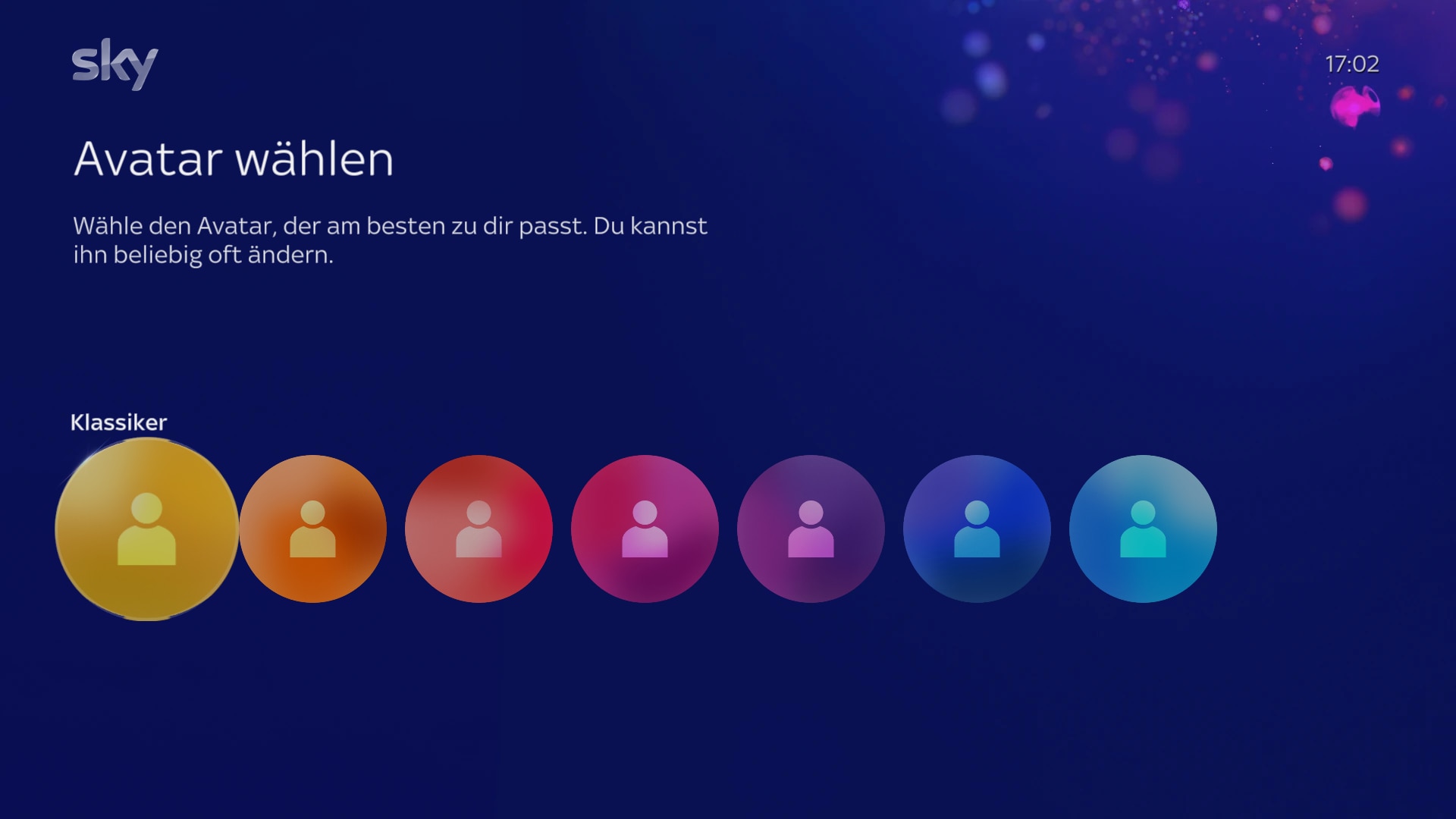 Himmelsbildschirm mit Avatar-Farboptionen zur Auswahl mit den Pfeiltasten auf der Fernbedienung.