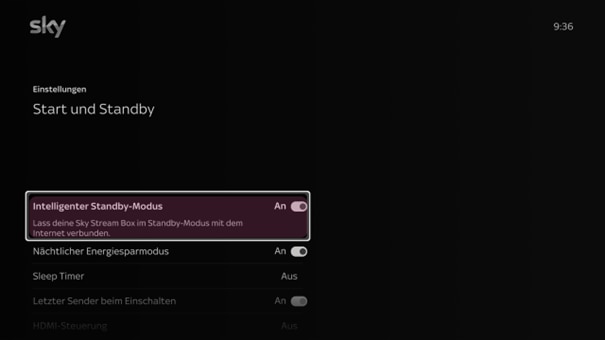 Sky TV Einstellungsmenü mit aktivem „Intelligenter Standby-Modus“ unter „Start und Standby“.