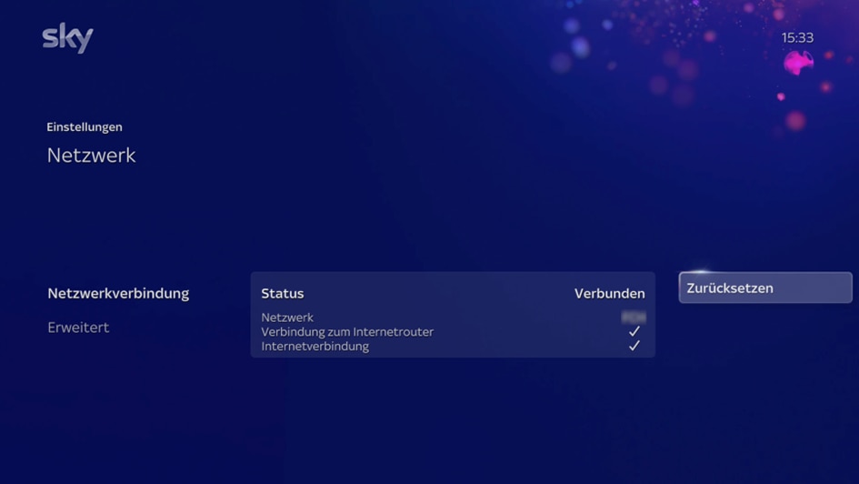Einstellungen > Netzwerk > Statusbildschirm mit hervorgehobener Schaltfläche „Zurücksetzen“.