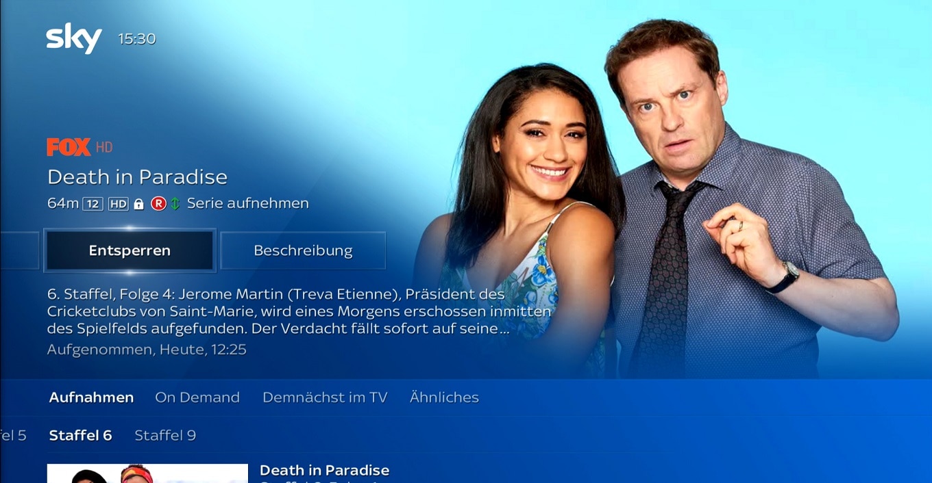 Eine Aufnahme zeigt die Option „Entsperren“. Wählen Sie die Option „Entsperren“ und bestätigen Sie mit der OK-Taste.