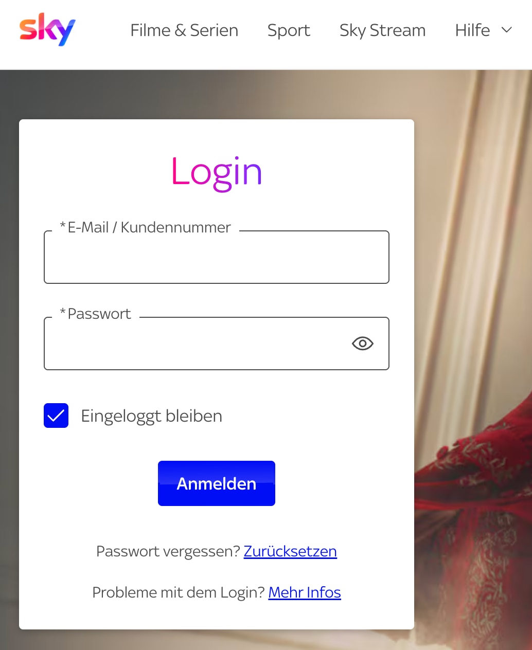 Login Fenster auf Sky.de