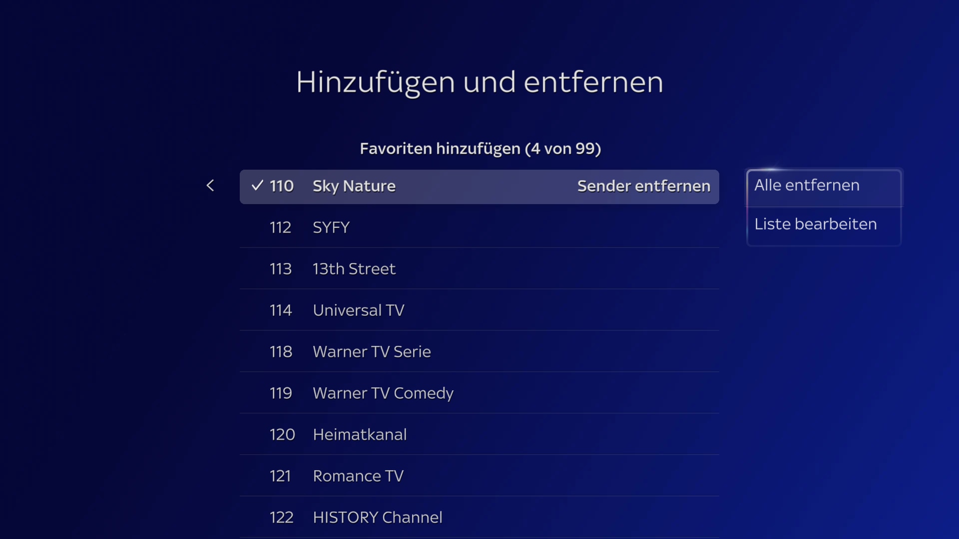 Favoritenkanalzuordnung über „OK“ oder „Alle entfernen“ rückgängig machen, Häkchen zeigen ausgewählte Kanäle an.