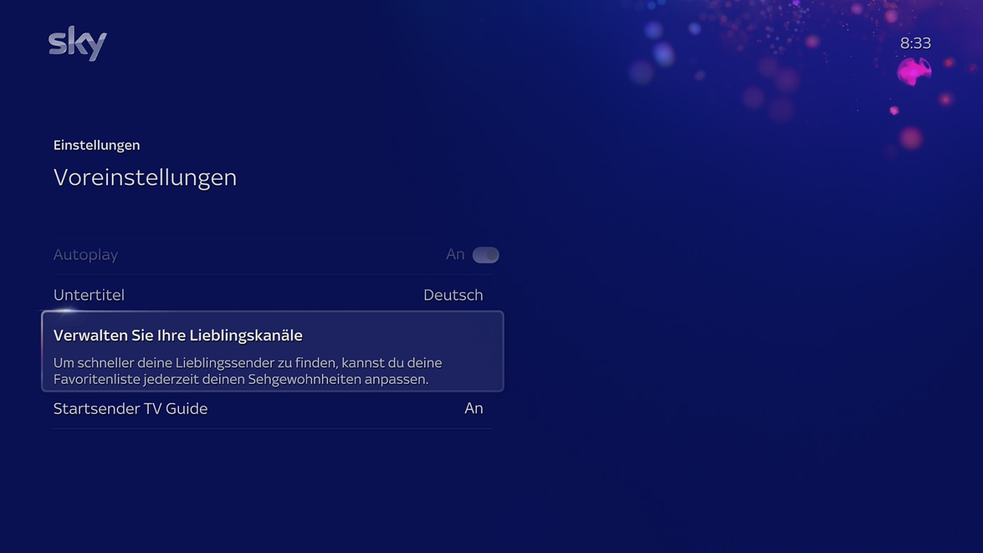 Bildschirm mit der Auswahl „Verwalten Sie Ihre Lieblingskanäle“ unter „Einstellungen“ > „Voreinstellungen“