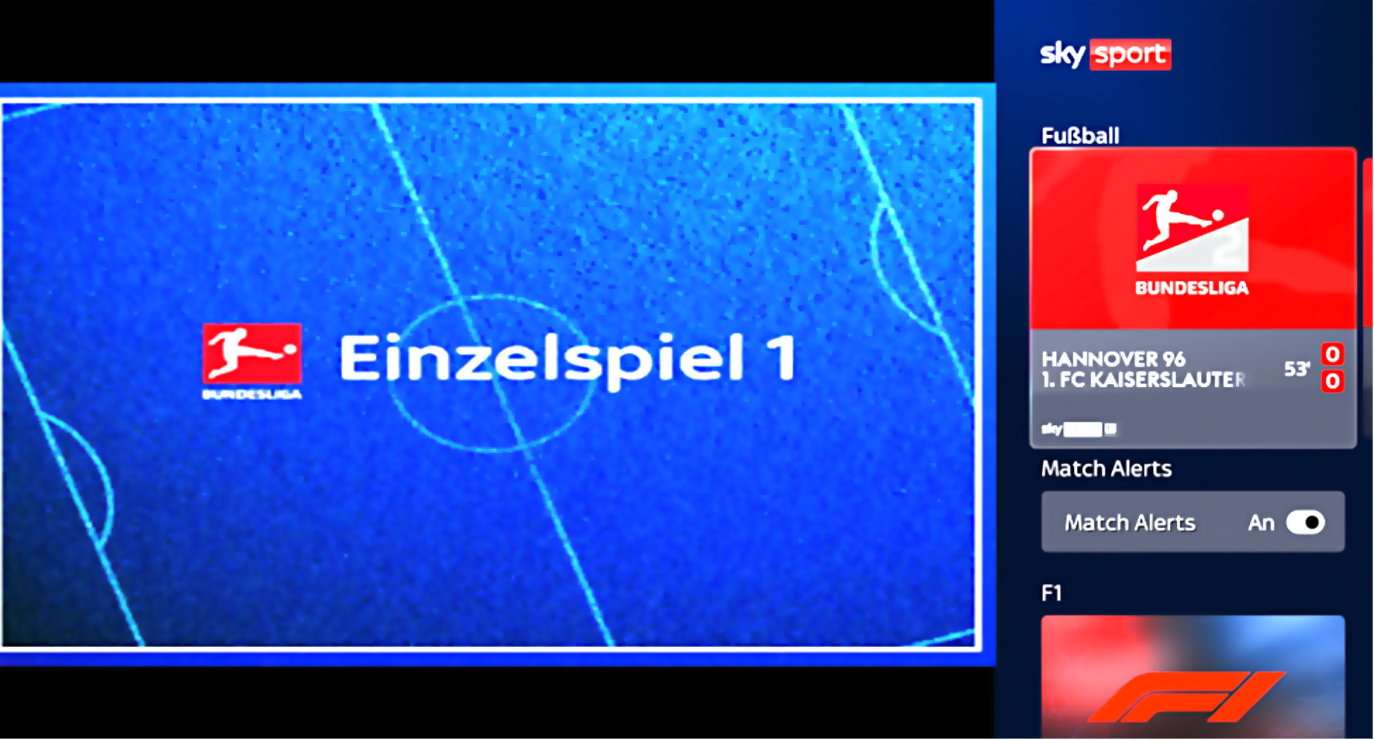 Grafik zeigt die Menü Oberfläche, mit der Einblendung der Sky Sport App, denn nur so funktioniert der Match Alarm.