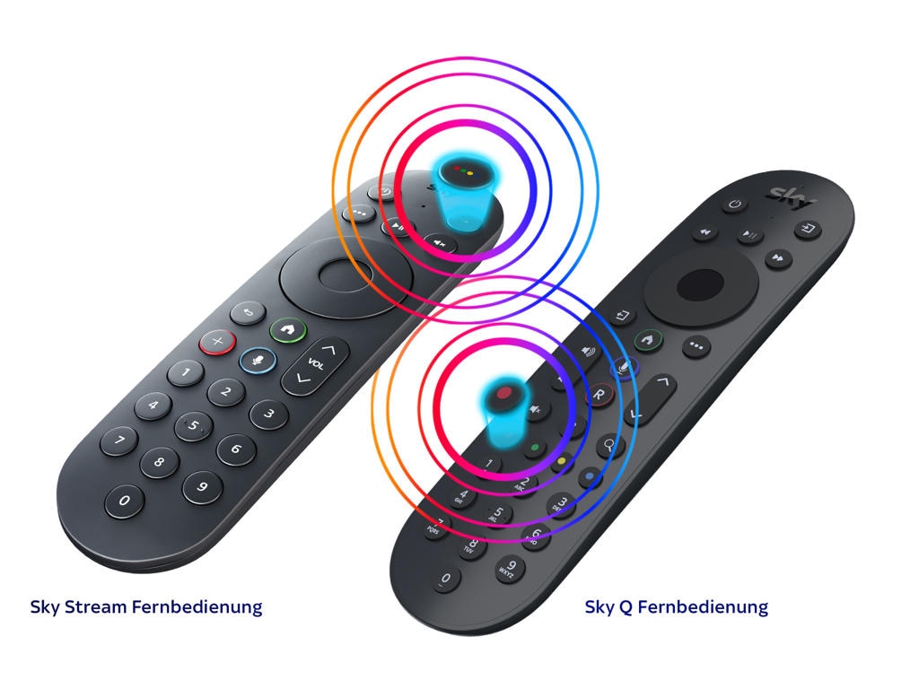 Grafik zeigt Sky Stream und Sky Q Fernbedienung mit dem blauen Button, zur Aktivierung des Match-Alarms.