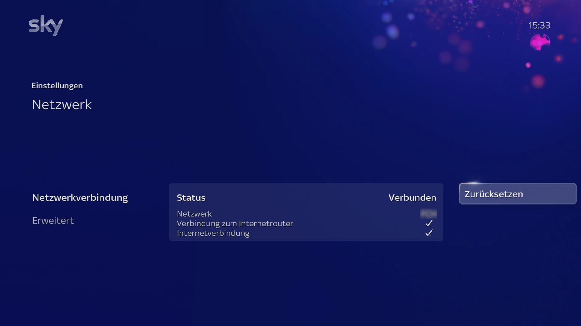 Bildschirmaufforderung zum Klicken auf „Zurücksetzen“ unter „Status“ in „Netzwerk“ in den Einstellungen