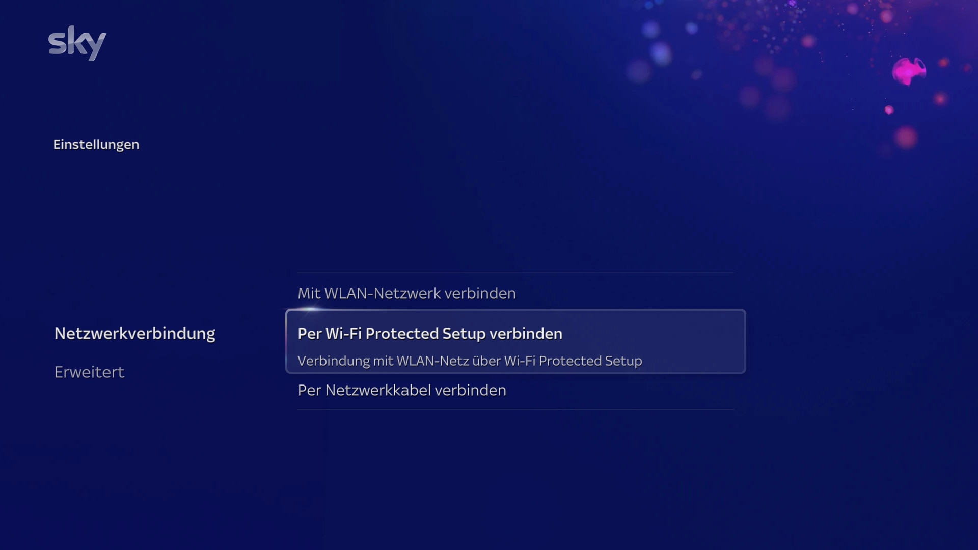 Bildschirm Aufforderung zum Klicken auf Per wifi protected setup verbinden unter Netzwerkverbindung in den Einstellungen