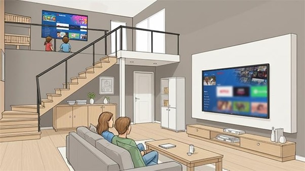 Familie schaut TV im modernen Wohnzimmer