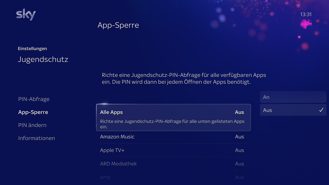 Bildschirm „Jugendschutz“ mit Ein- und Aus-Optionen für „Alle Apps“ und einzelne Apps