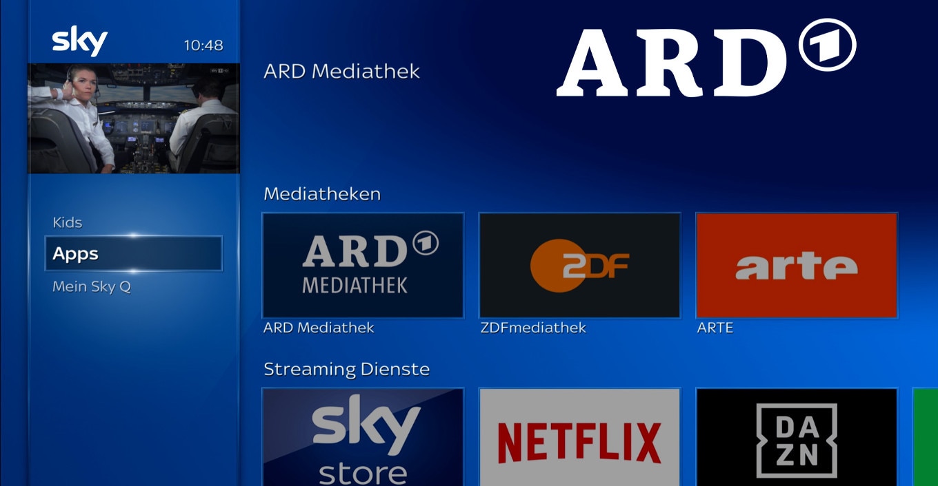 Sky Apps-Bildschirm mit ausgewähltem Apps-Menü, zeigt ARD, ZDF, ARTE Mediatheken sowie Netflix, DAZN, Sky Store.