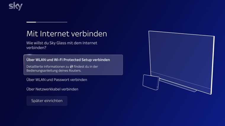 Screen with 4 options: Wi-Fi connection via WPS, via password, LAN connection via cable and "Set up later"