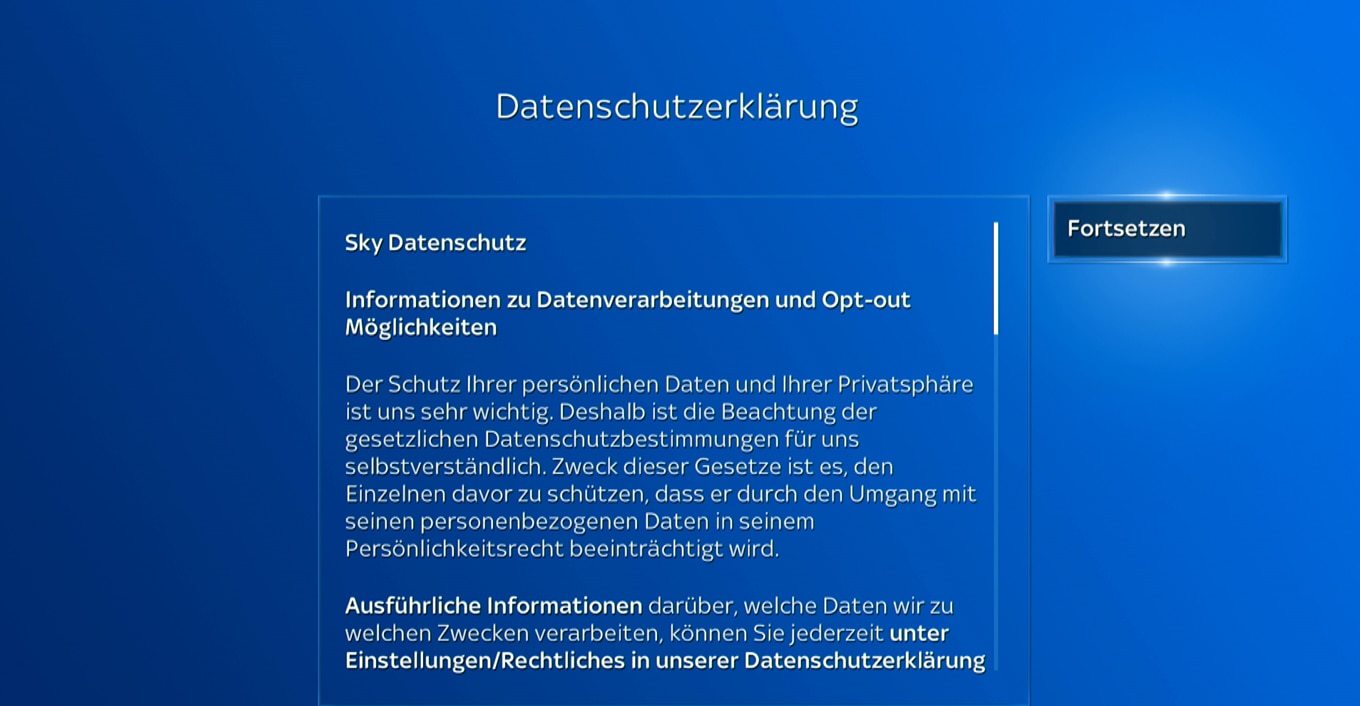 Datenschutzhinweis von Sky; lesen Sie ihn und wählen Sie „Fortsetzen“ mit der Schaltfläche „OK“.